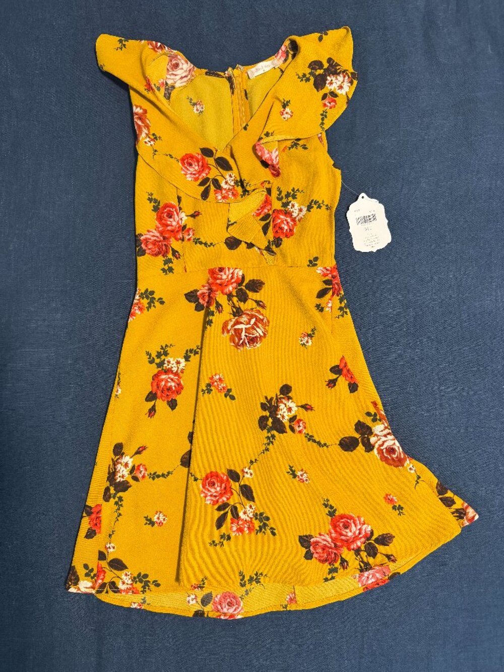 NWT Altar'd State Mustard Floral Ruffle V Neck Fit & Flare Mini Dress Size S
